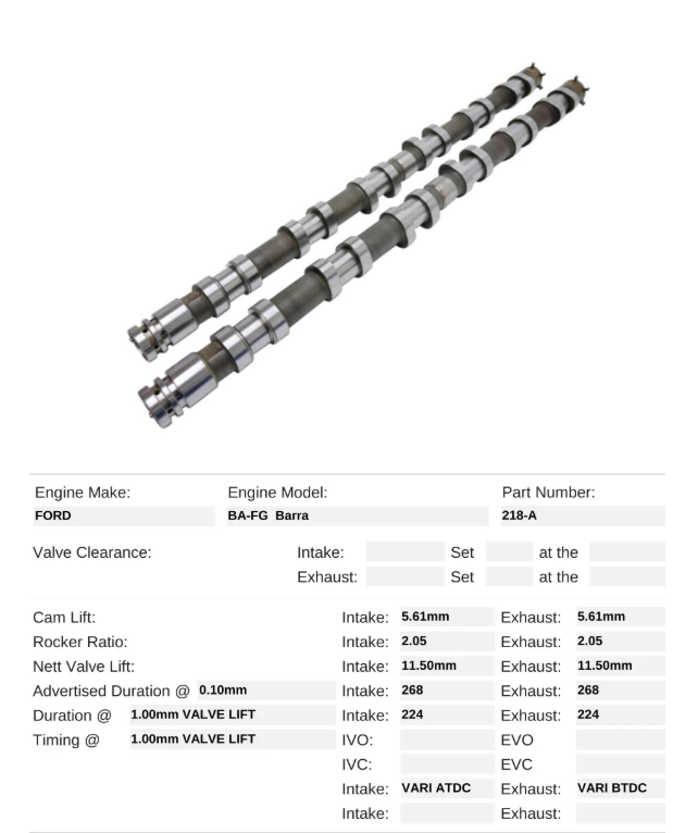 Kelford 218-A Barra BA FG Falcon Camshafts