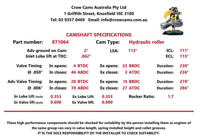 Crow Cams 871064 LS Camshaft 230/236 .600/.600 113