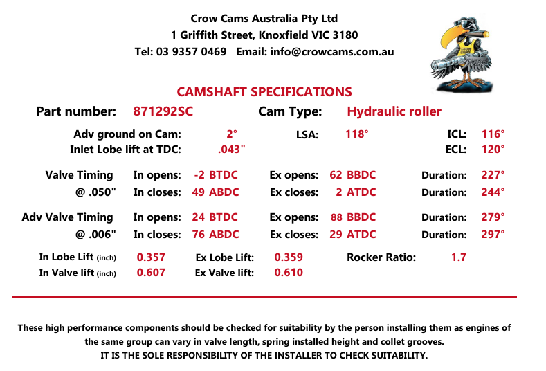 Crow Cams 871292SC LS Camshaft 227/244 .607/.610 118