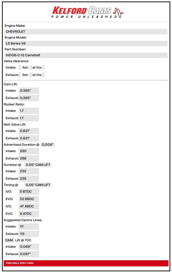 Kelford LS Camshaft HS108-C12