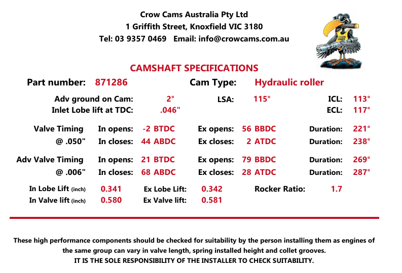 Crow Cams 871286 LS Camshaft 221/238 .580/.581 115