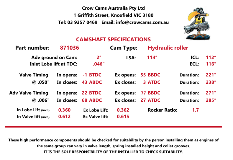 Crow Cams 871036 LS Camshaft 221/238 .612/.615 114