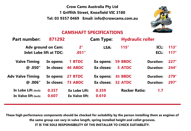 Crow Cams 871292 LS Camshaft 227/244 .607/.607 115