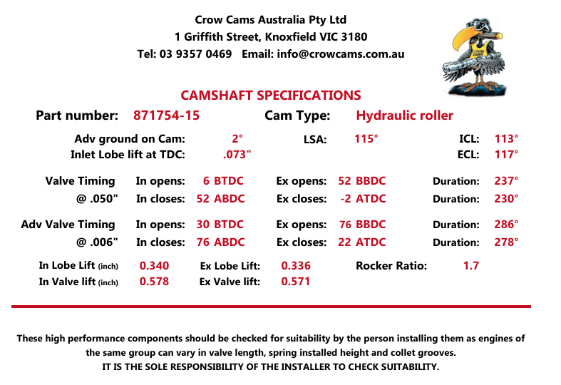 Crow Cams 871754-15 LS Camshaft 237/230 .578/.571 115