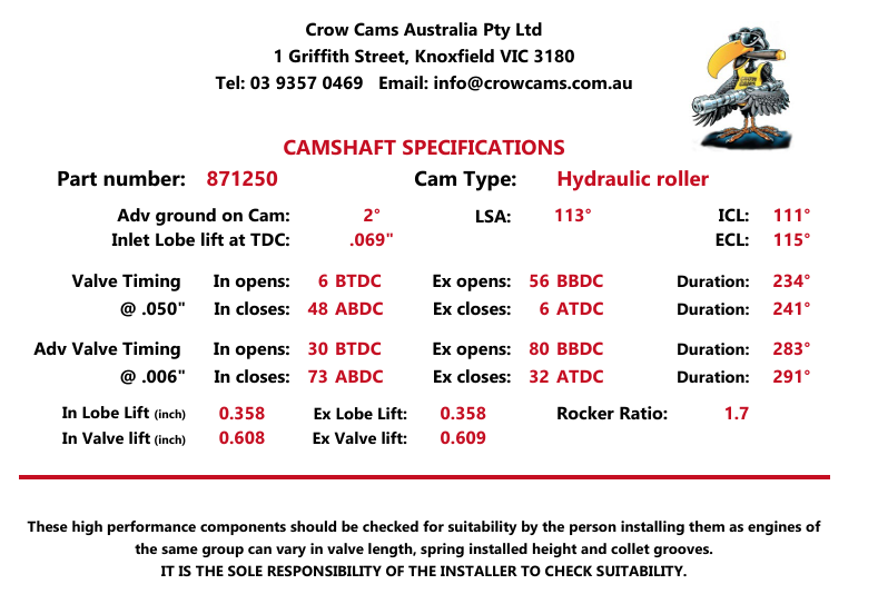 Crow Cams 871250 LS Camshaft 234/241 .608/.609 113
