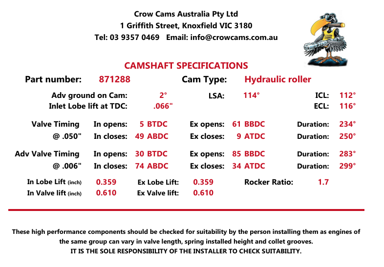 Crow Cams 871288 LS Camshaft 234/250 .610/.610 114
